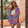 thumbnail image 3 of FKEKYI Womens Summer Shirt Set 2 Piece Sets Bohemian Daisy Flower Print Vacation Outfits Open Front Shirt Top & Shorts with Elastic Waist Beachwear Lounge Set, S, 3 of 7