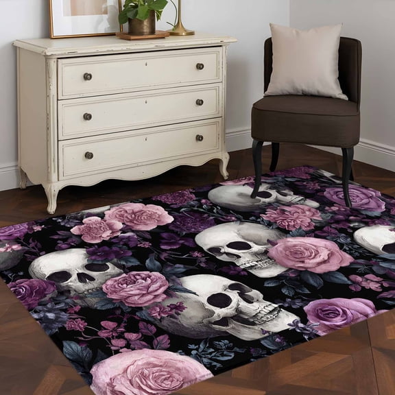 3'x5' Area Rugs, Halloween Skull Indoor Outdoor Area Rug for Living Room Bedroom, Vintage Pink Rose Purple Flower Washable Bathroom Rugs Kitchen Floor Carpet Mats Home Decor Aesthetic