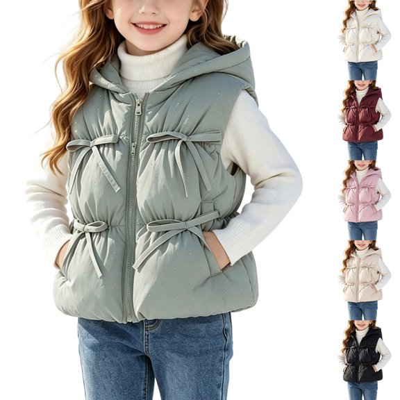 YUANxueke Girls Puffer Vest Bowknot Trim Lightweight Sleeveless Hooded Jackets Fashion Cute Vests Quilted Coat,Black,2 Years