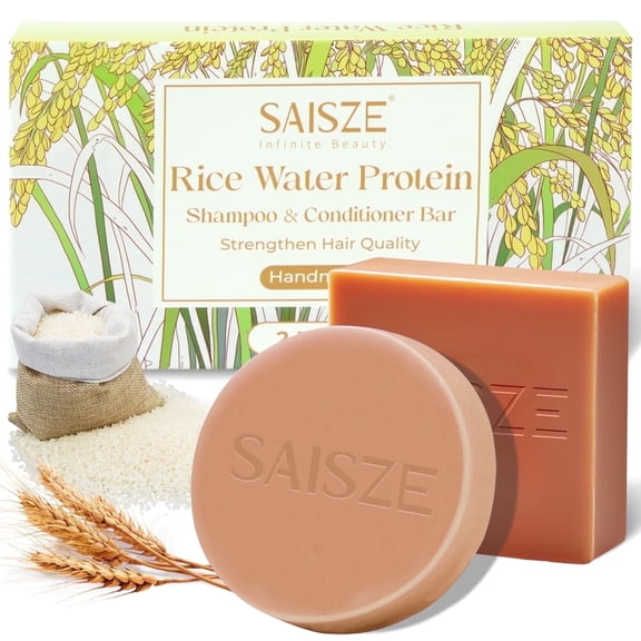 SAISZE Rice Water Shampoo & Conditioner Bar Set, 2 Pcs Handmade Natural Shampoo Bar and Conditioner Bar for Hair Strengthening, Thickening & Clarifying, Travel Essentials, Mother’s Day Gift Set