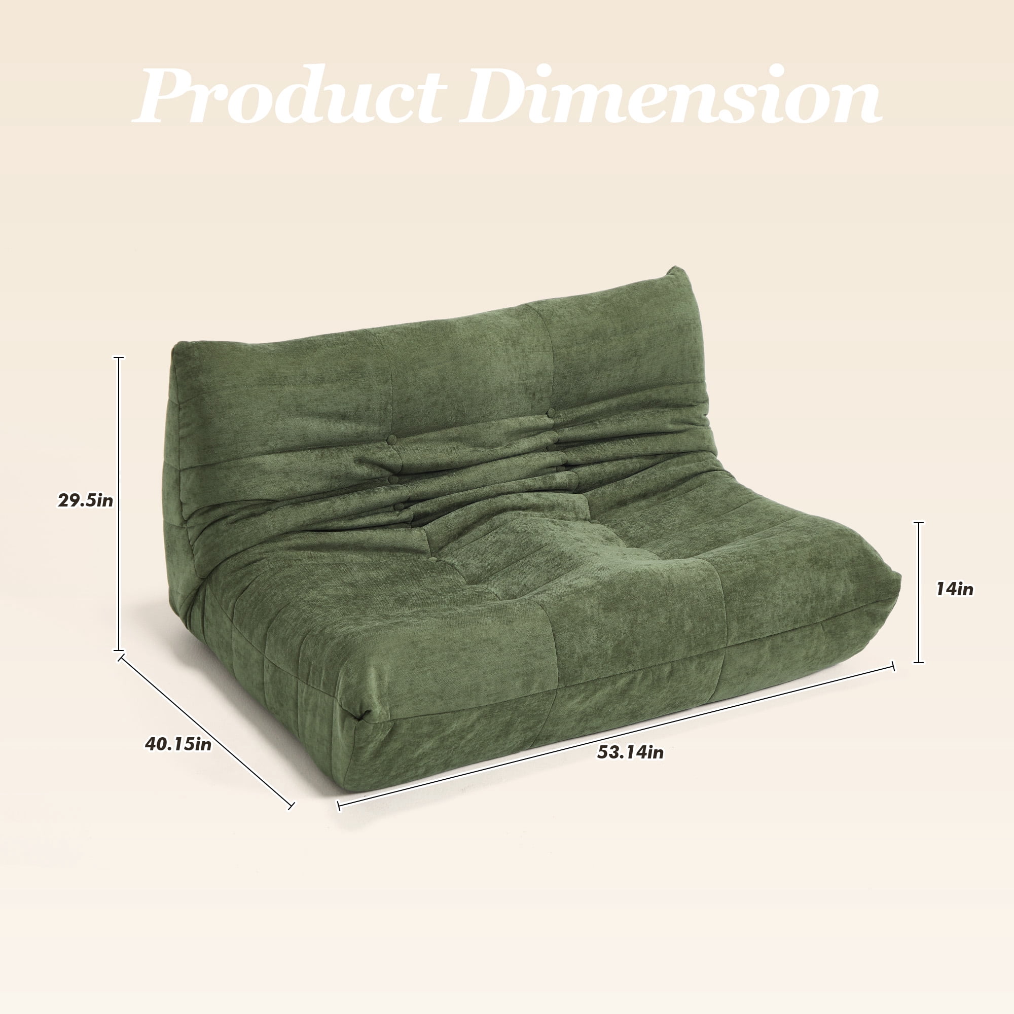 MOONMISS 53.14" Chenille Upholstered Oversized Lazy Sofa, 2-Seater Floor Sofan Deep Seat Floor Bean Bag Loveseat for Cozy Home Decor, Green