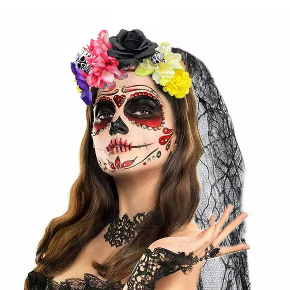 Halloween Headband for Women 9 Inches Gothic Floral Skull Hair Accessories with Veil Costume Party Supplies Trick or Treat Decorations