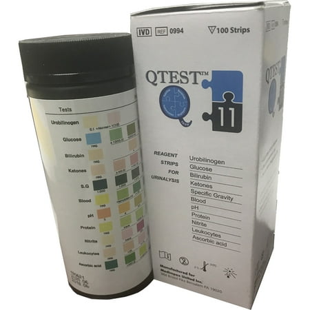 QTEST 11 Parameter Urinalysis Strips 100ct - Urine Strips for Testing Urinary Tract Infection (UTI), Glucose, pH, Protein, Ketone, and more - for checking Diabetes, Kidney, and Gallbladder