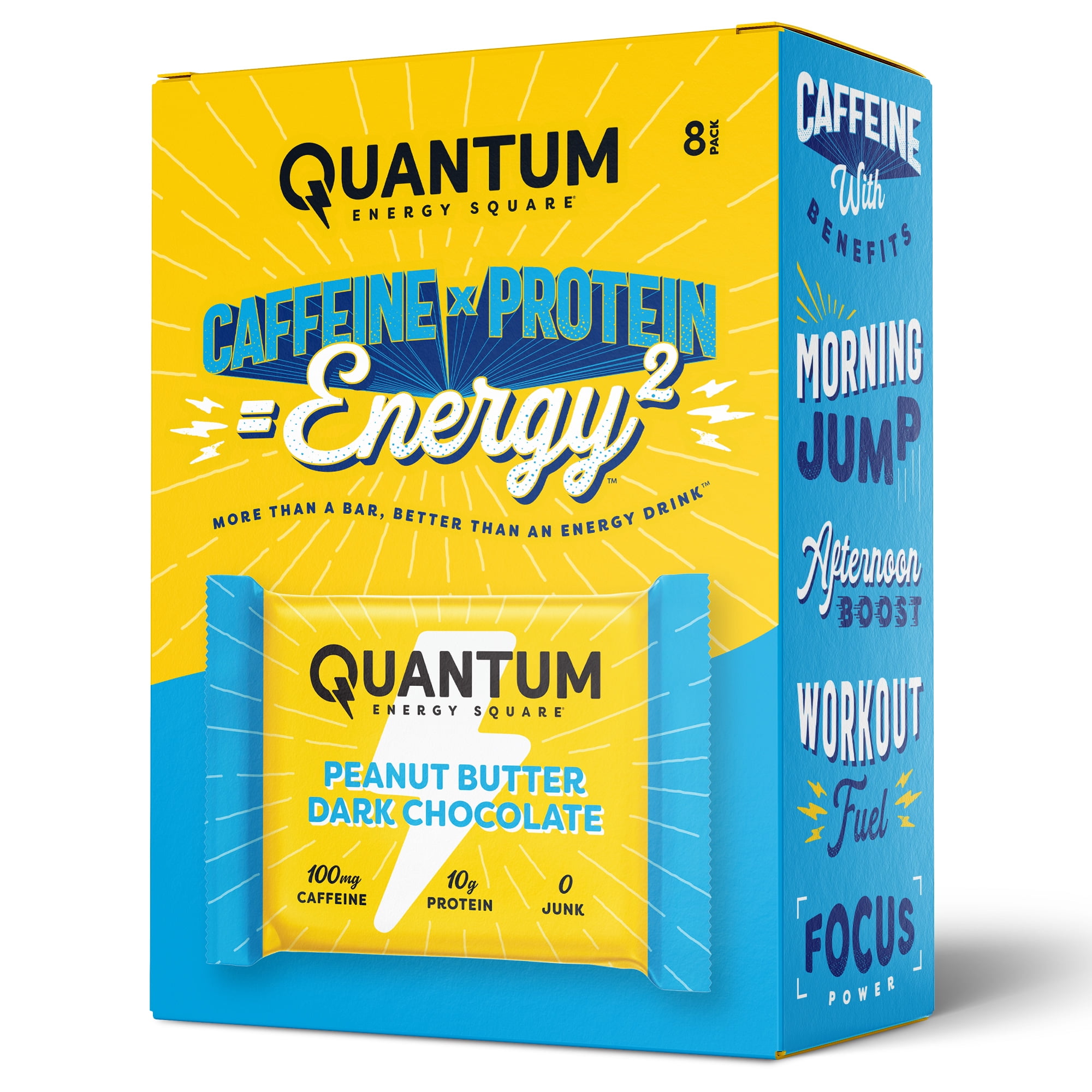 Quantum Energy Square: Energy Bar with Caffeine & 10g Protein. Delicious Healthy Snack On The Go. (Vegan, Gluten-free, Soy-free, Dairy-free). Flavor: Peanut Butter Dark Chocolate 8Pk