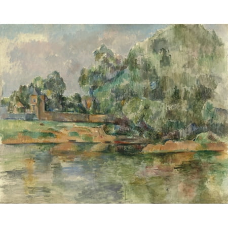 Riverbank By Paul Cezanne 1895 French Post-Impressionist Painting Oil On Canvas The Land Foliage Water And Buildings Are Fractured Into Patches Of Color Poster