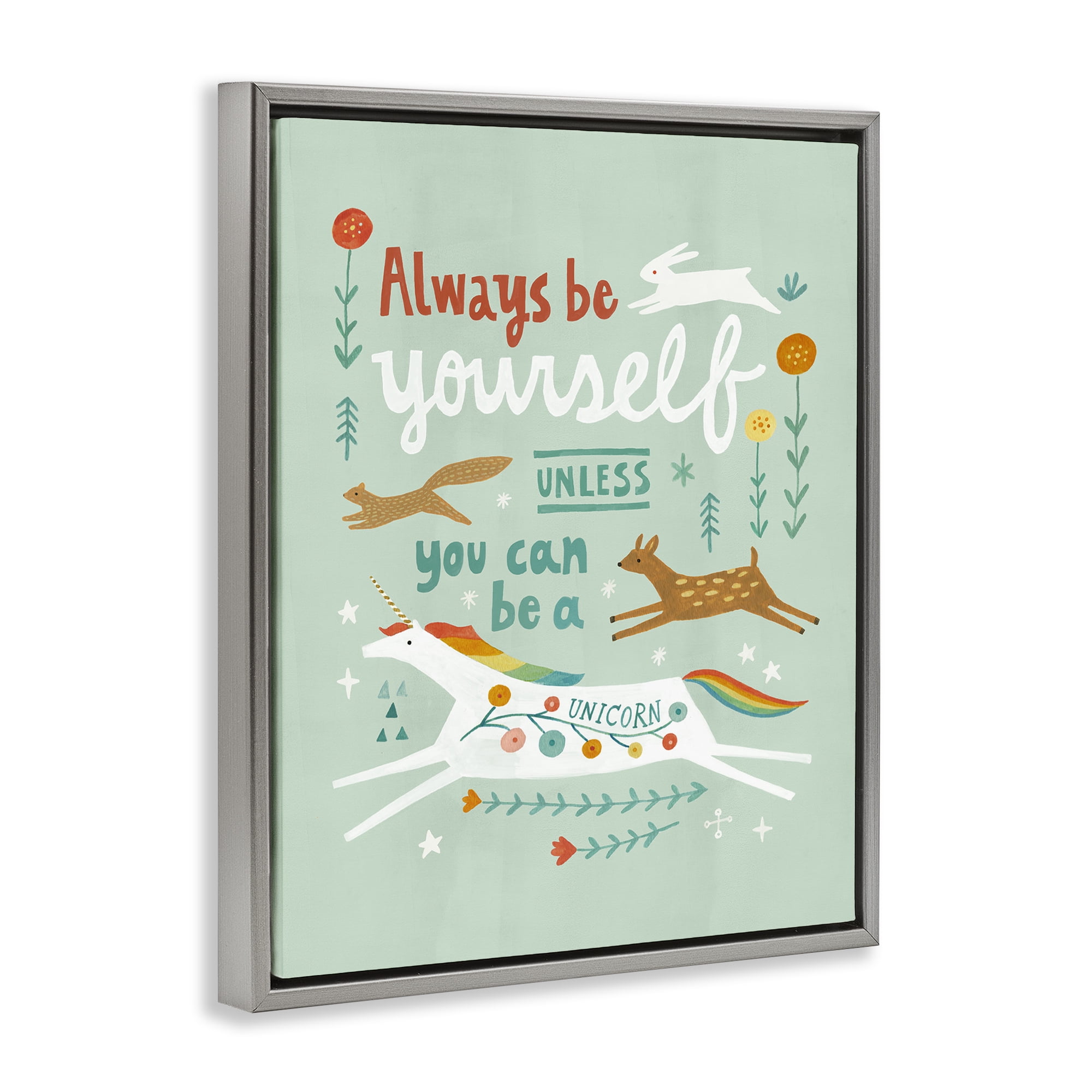 Stupell Industries Be A Unicorn with Wildlife Animals Painting Gray Floater Framed Canvas Art Print Wall Art, 25 x 31