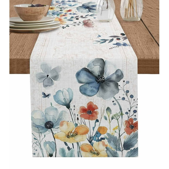 Table Runner Dresser Scarves 60 Inch Long,Watercolor Garden Flower Leaves Linen Dining Table Runners Pastoral Floral on Farm Burlap Tabletop Scarf for Wedding Holiday Party Kitchen