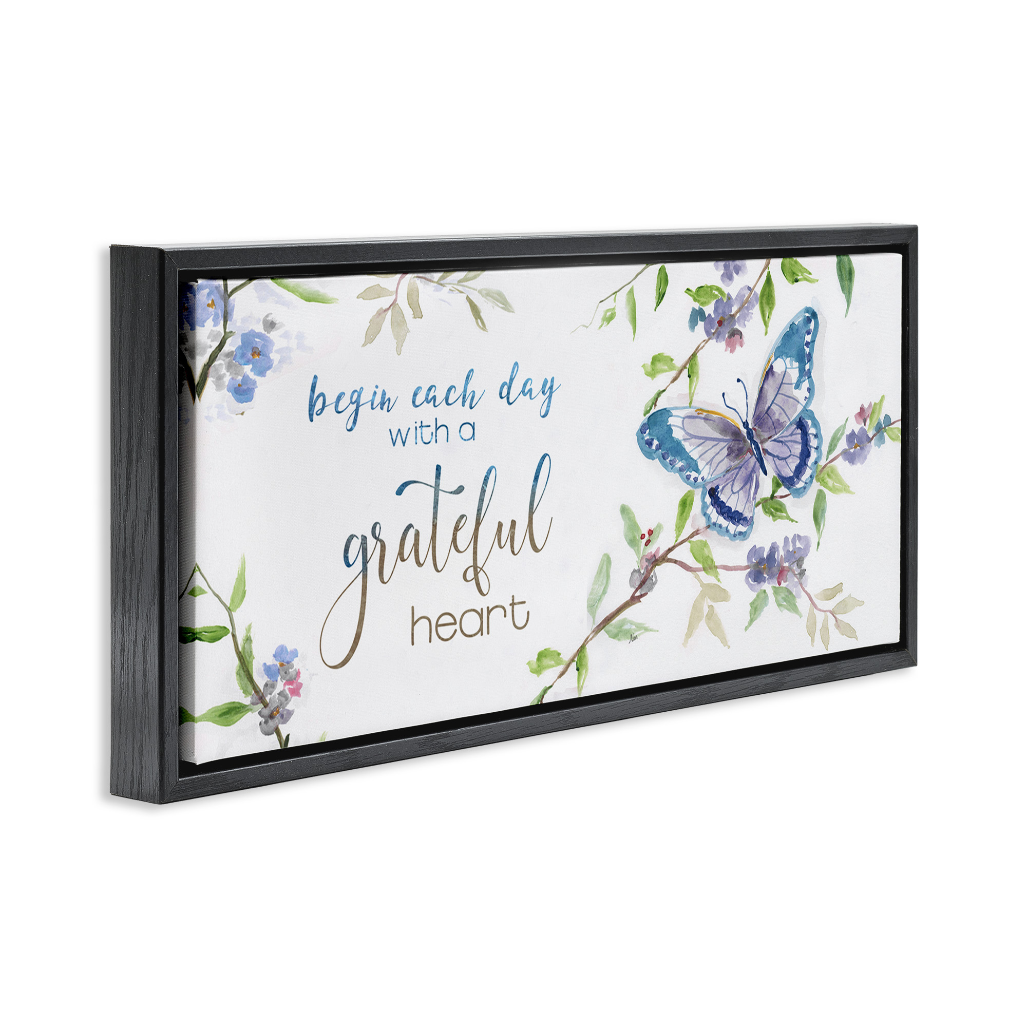 Stupell Industries Begin Day with Grateful Heart Inspirational Painting Black Floater Framed Canvas Art Print Wall Art, 25 x 11