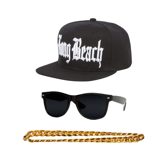 Long Beach 80s Rapper Costume Kit Flat Bill Adjustable Cap w/ Sunglasses and Gold Chain