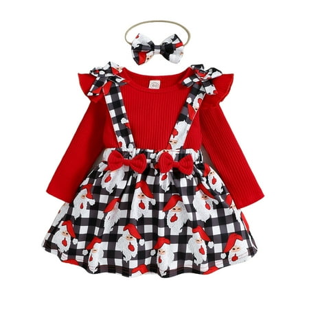 

elfinBE Child Girl Christmas Long Sleeved Top Suspender Skirt And Headband 3PCs Outfits Set 9-24M 2-4T