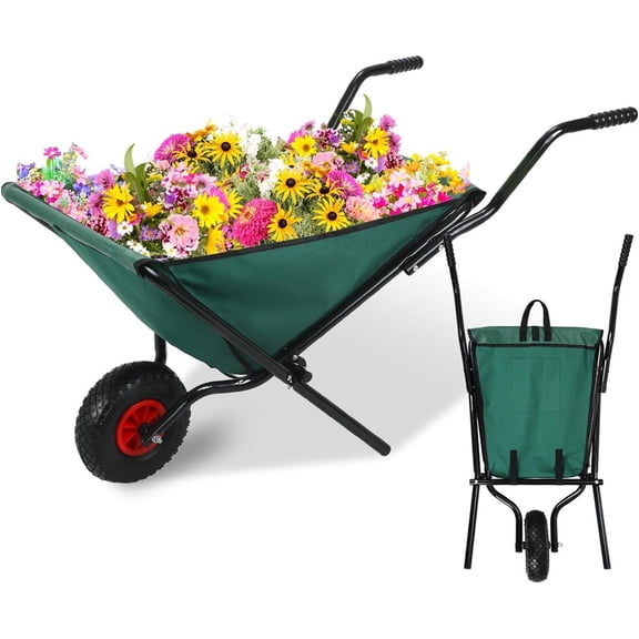 176 LBS Foldable Wheelbarrow Lightweight Garden Yard Cart Heavy Duty Oxford Cloth with 10" Pneumatic Tire for Grass Leaf Soil and Garden Supplies