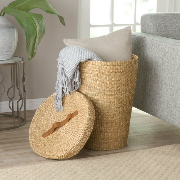 MoDRN Naturals Floppy Seagrass Laundry Basket with Lid with Leather Handle