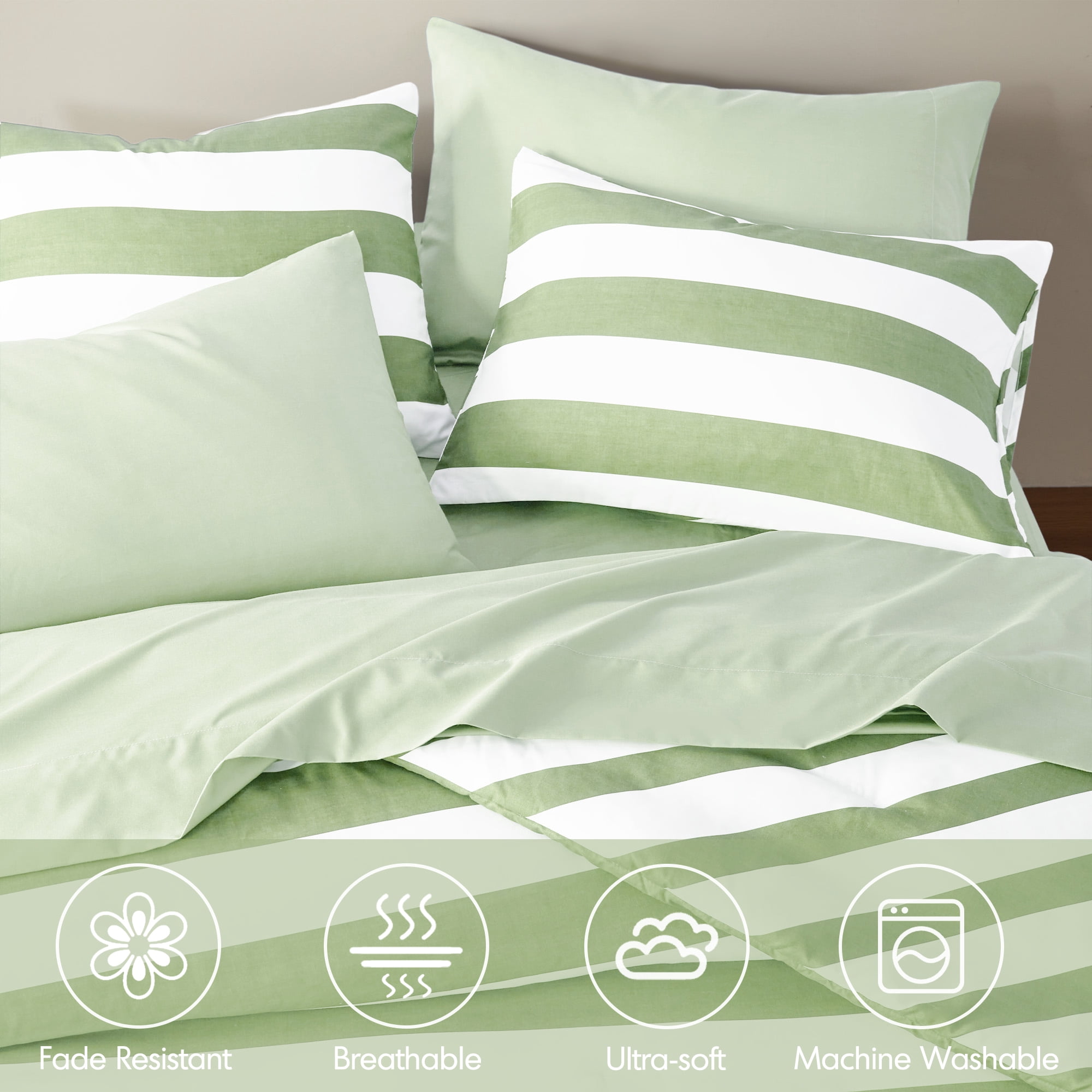 Regency Heights Essential Full Size Comforter Sets, 7-Piece Bed in a Bag Full, Reversible Striped Comforter Bed Set with Sheets, Sage