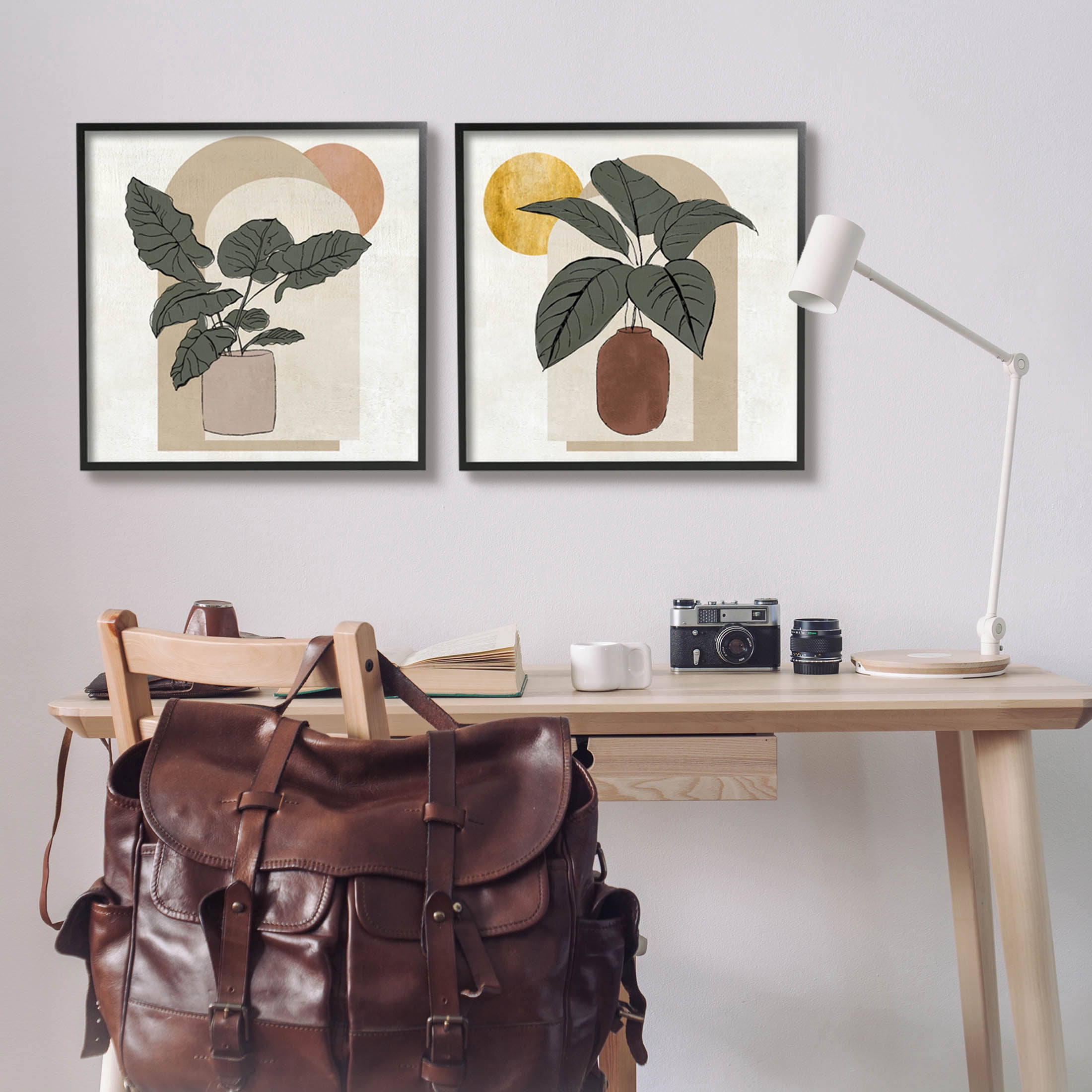 Potted Plant Leaves Geometric Shapes Botanical & Floral Graphic Art Black Framed Art Print Wall Art, Set of 2