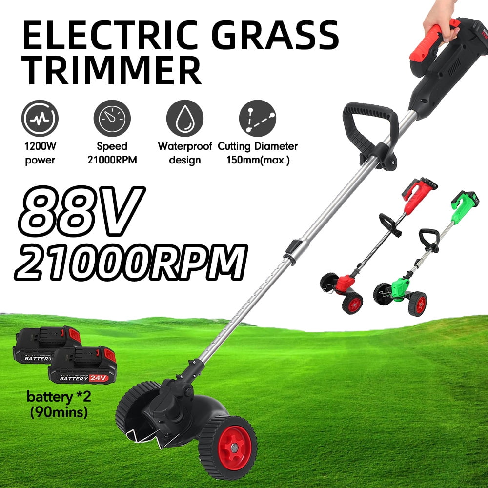 2-in-1 88V Cordless Grass Trimmer 1200W High-speed String Trimmer Waterproof Lawn Mower with Double Wheel Garden Edger Cutter Pruning Kit,Red,2 Batteries - Walmart.com