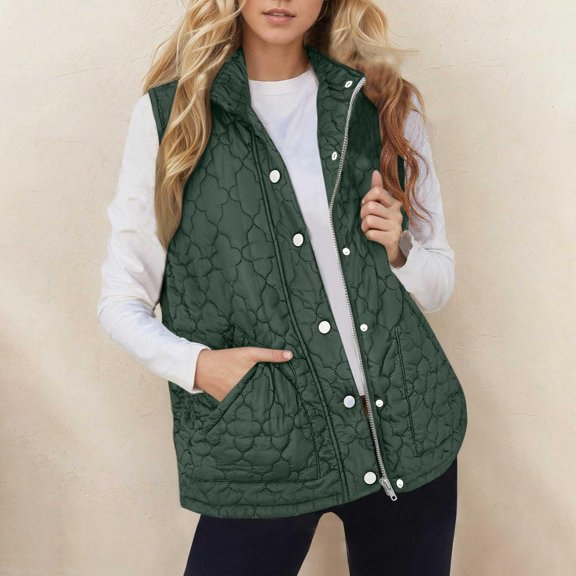 Women's Stand Collar Sleeveless Vest, Quilted Zip Up Vest, Lightweight Puffer Vest, Warm Winter Vest Top, Casual Outerwear Vest, Pocket Detail Sleeveless Jacket Blackish Green