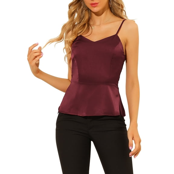 INSPIRE CHIC Women's Casual Spaghetti Strap V Neck Peplum Sleeveless Top XS Burgundy