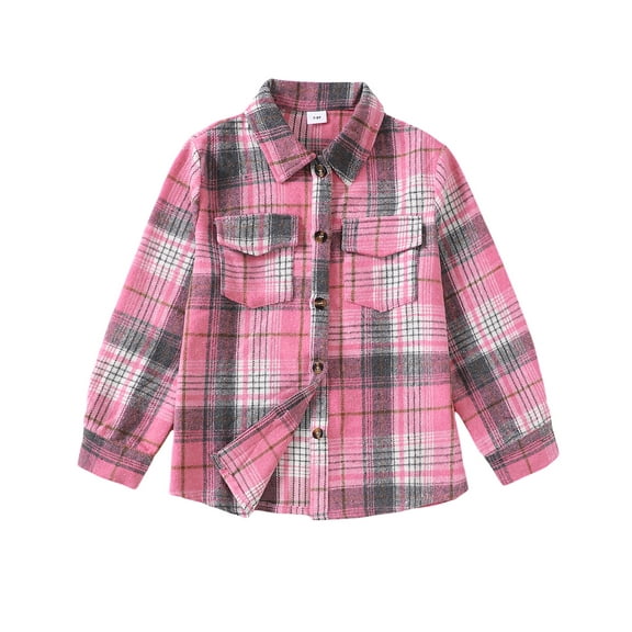 KIMI BEAR 13 Years Big Girls Top 14 Years Big Girls Winter Shirt Top Lapel Long Sleeves Shirt Top Plaid Print Button Top Pink