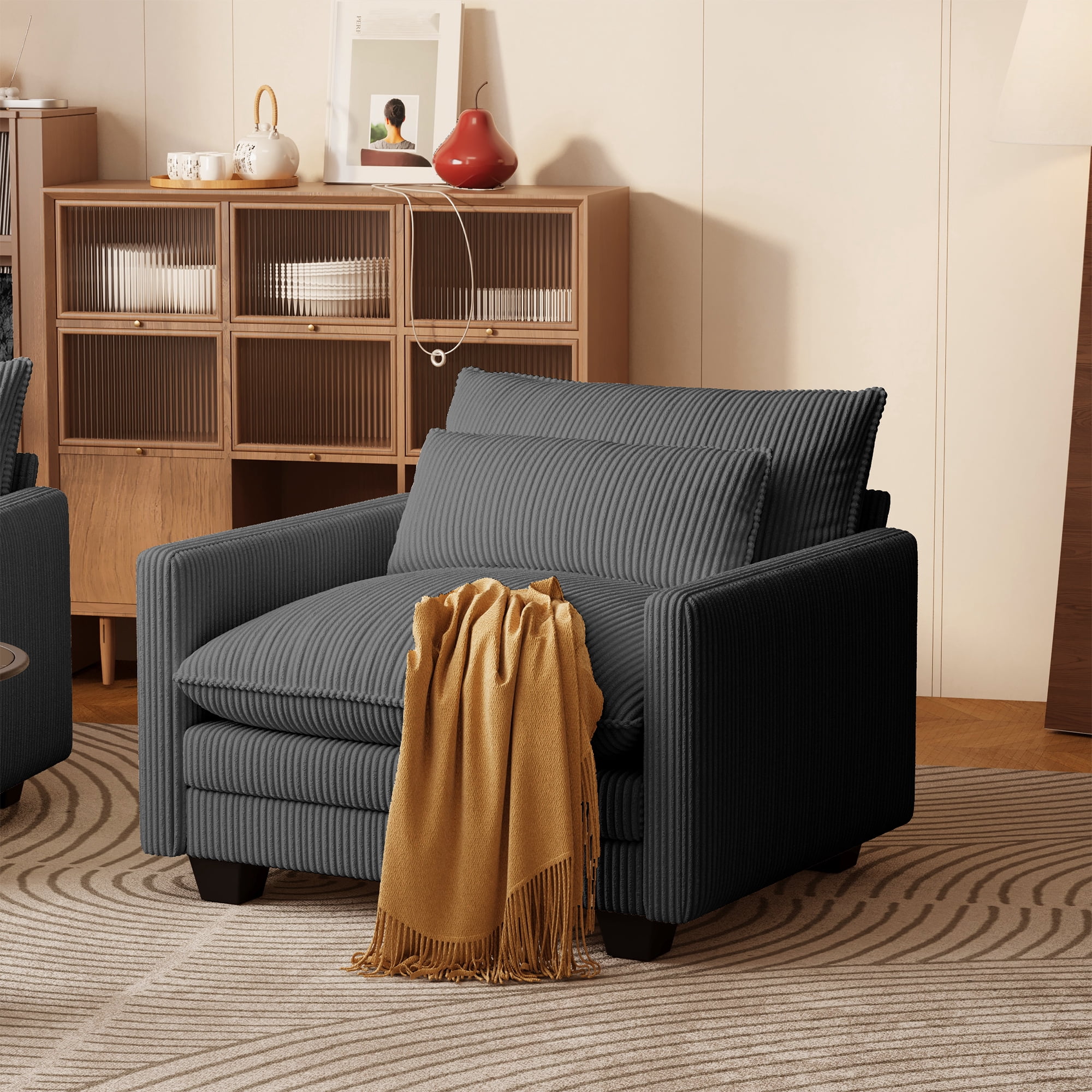 Cloud Accent Chair, Corduroy Single Sofa Chair, Cloud Deep Seat Armchair with Removable Washable Zipper Cover, Memory Foam Cushion with Pillow, Modern Leisure Lounge Chair for Living Room , Dark Gray