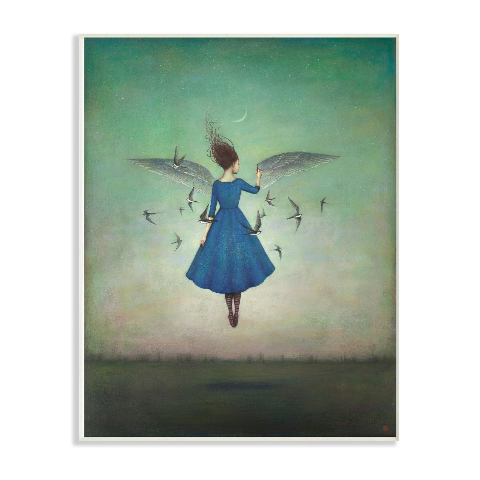 The Stupell Home Decor Beauty and Birds at Night Blue and Teal Illustration Wall Plaque Art