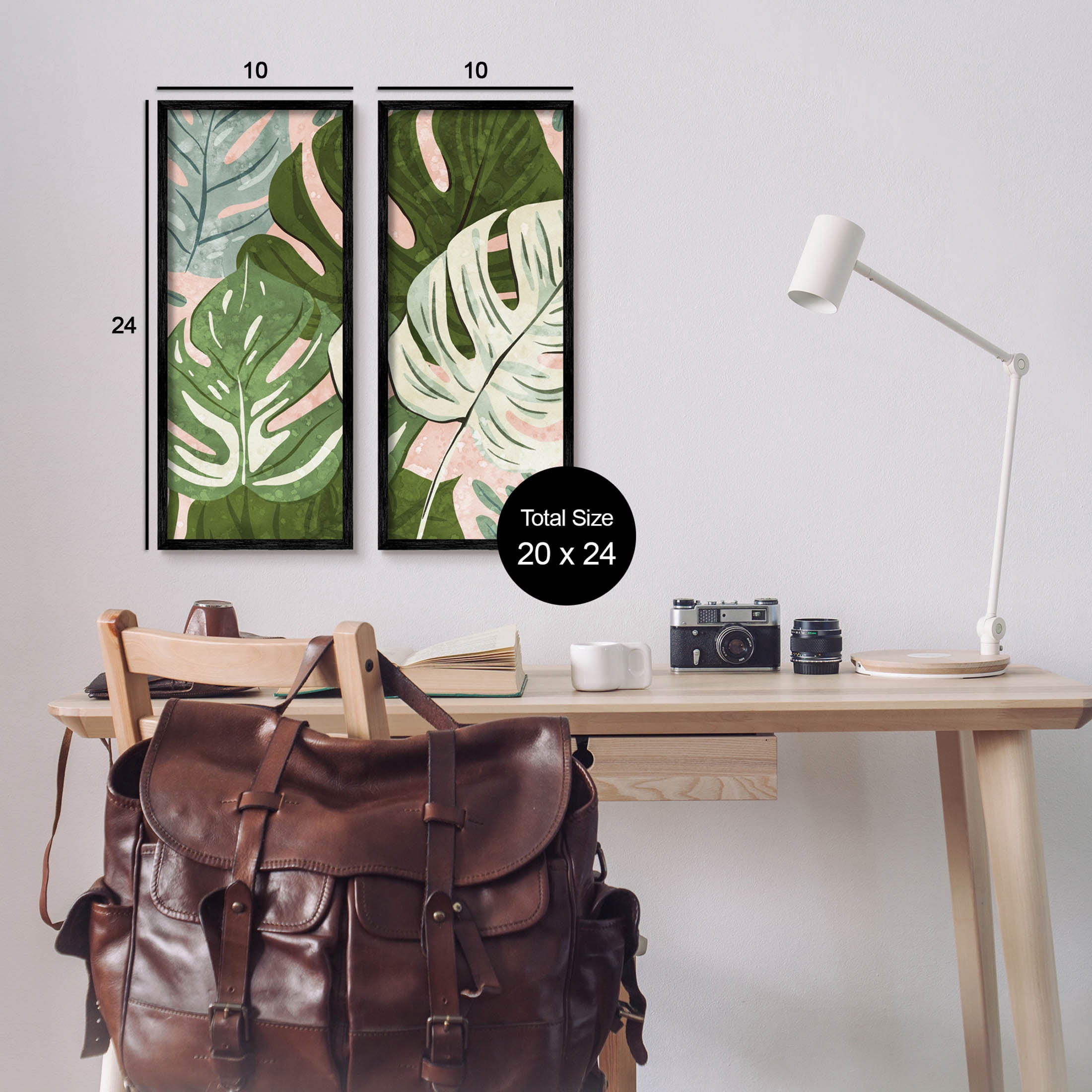 Modern Layered Monstera Leaves Botanical & Floral Graphic Art Black Framed Art Print Wall Art, Set of 2