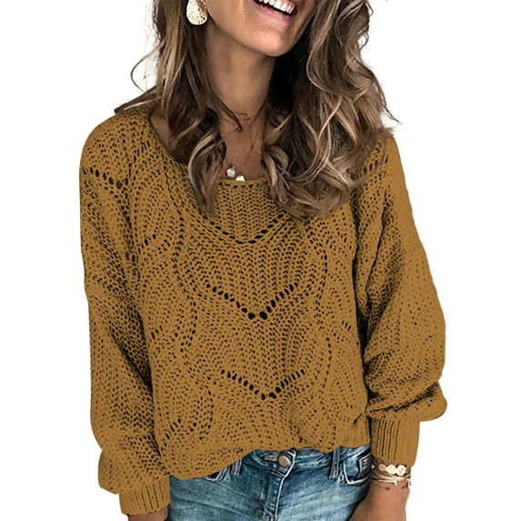 HOTAPEI Pullover Sweaters for Women Elegant Crochet Hollow Out Sweater Long Sleeve Sweaters Crewneck Knitwear Pullover Tops