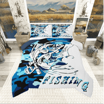 Manfei Fishing Hunting 2pcs Bedding Comforter Set,Blue Camouflage Twin Comforter Sets,Bass Fish Bedding Set,Super Cozy Abstract Bedroom Decorative,Reversible