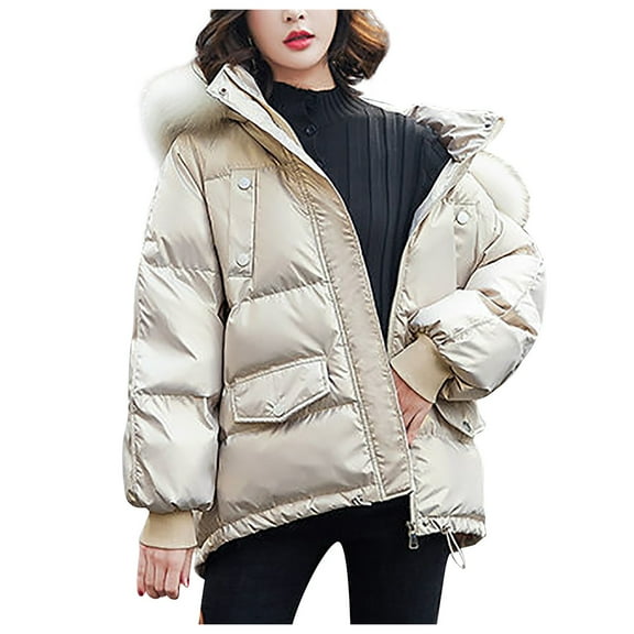 HTNBO Women's Thickened Winter Down Coat Shiny Puffer Jacket Hooded Zipper Padding Warm Down Jackets Outwear