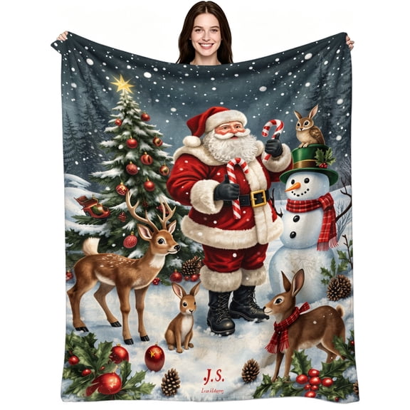 Soft Warm Flannel Christmas Blanket with Santa Reindeer Snowman Tree Pattern, Festive Winter Throw for Sofa Bed Living Room Office, Perfect Xmas Decor & Gift for Family Friends