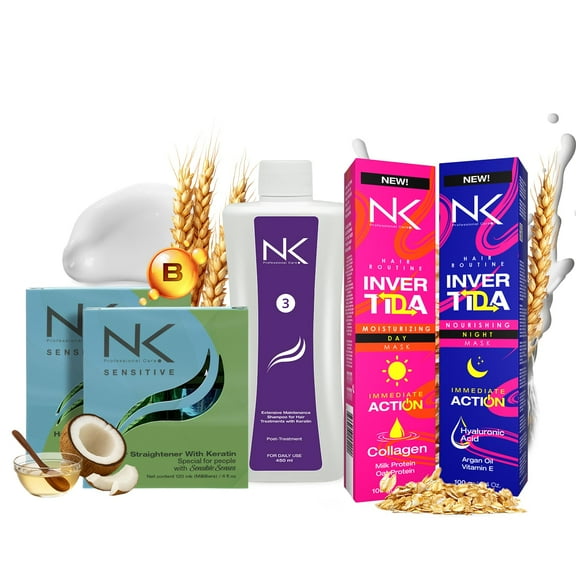 NK Sensitive Keratin Hair Straightening Treatment, Vegan, Formaldehyde Free. Kit Steps 1,2,3,4. Sensitive straightening treatment, post-treatment shampoo and Collagen & Hyaluronic Acid Hair Mask. 8oz