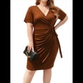 thumbnail image 3 of Vestido Informal de Cóctel, Fiesta, Trabajo, con Escote en V Profundo y Corta, Talla Grande, para Mujer Amarillo-Marrón 4XL, 3 of 9