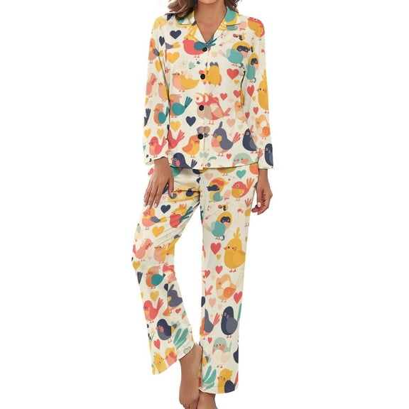Cute Bird Cartoon Women's Long Sleeve Flannel Pajama Set Sleepwear S