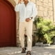 thumbnail image 2 of Camisas Hombre Camisa holgada de talla grande informal sólida de lino y algodón para hombre, camisa de manga larga con cuello levantado para hombre (Beige, M), 2 of 7
