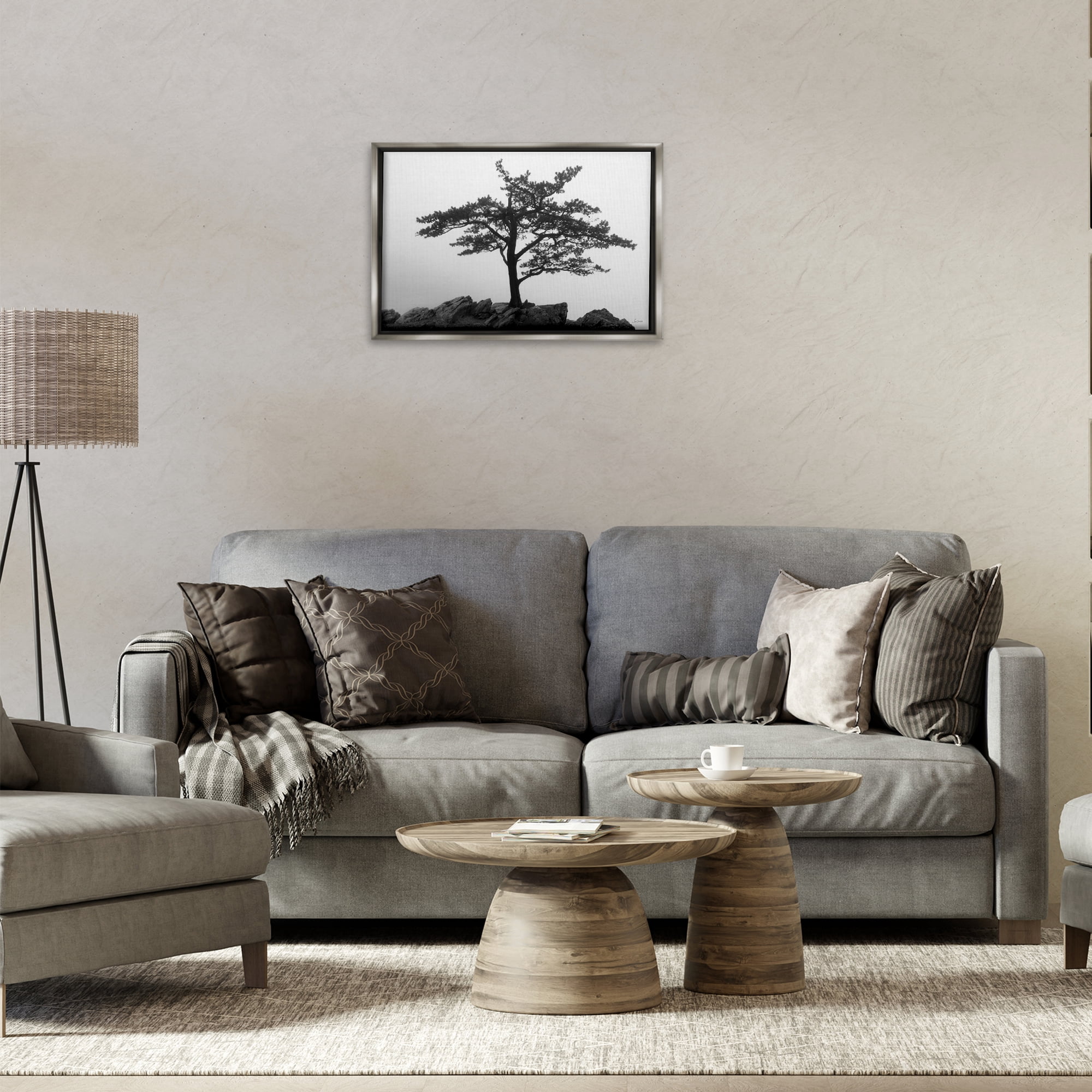 Stupell Industries Lone Tree on Rocks Landscape & Nature Photography Gray Floater Framed Canvas Art Print Wall Art, 25 x 17