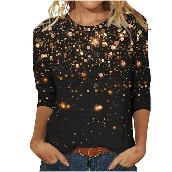 FAIWAD Women 3/4 Sleeve Tops Round Neck Sequin Print Spring Summer Blouse Casual Dressy Trendy Pullover Tops