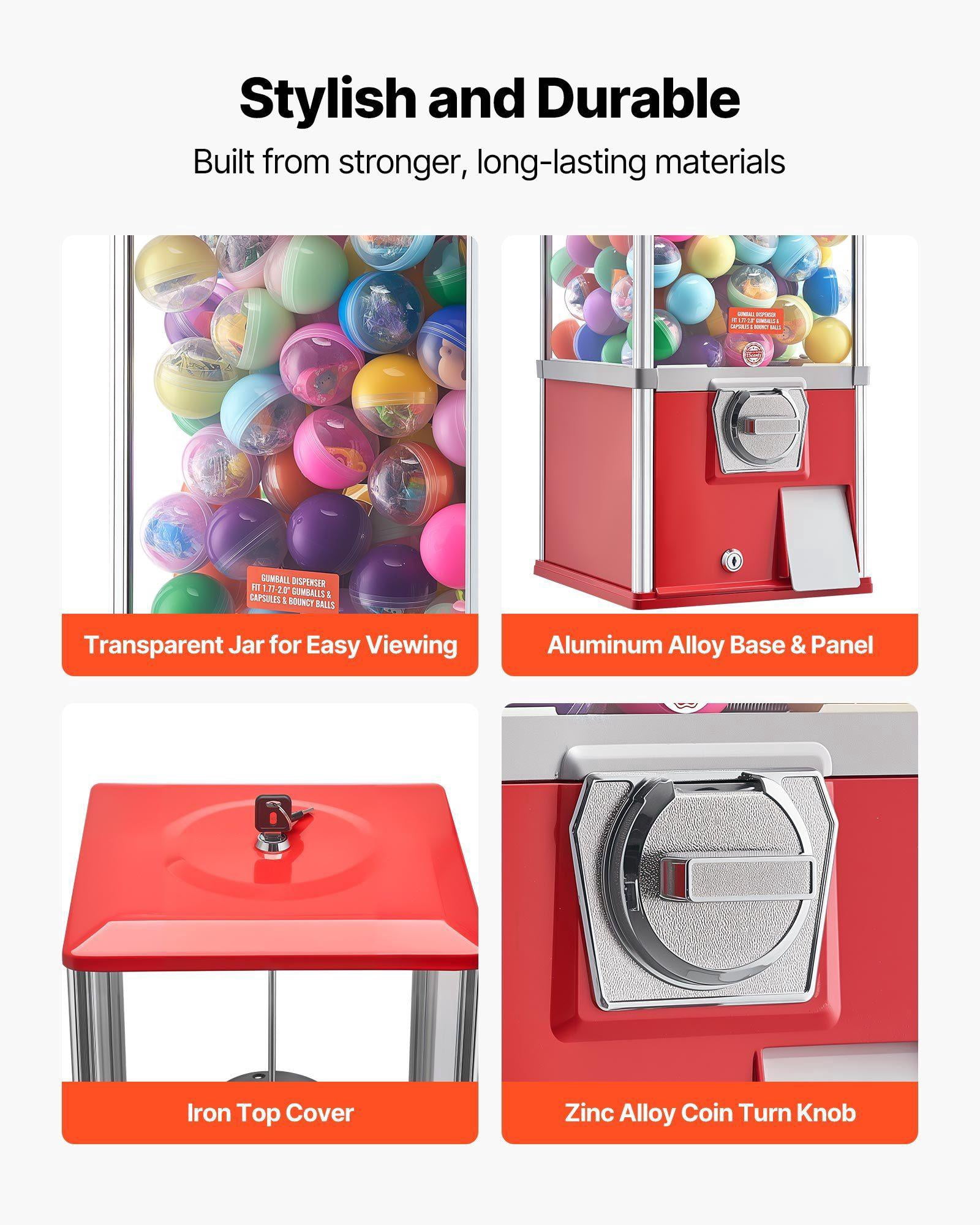 21 Inch Gumball Machine Candy Vending Dispenser Holds 180 1.77 Inch Spherical Candies for Malls Supermarkets Amusement Parks Arcades