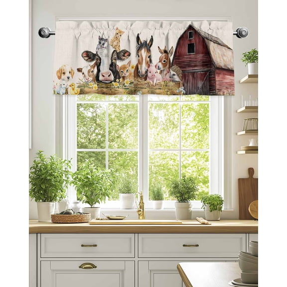 Curtain Valance for Windows,Farm Cow Pig Cute Animal Kitchen Valances Rod Pocket Short Curtains,Red Barn Retro Linen Window Treatment Panel for Bedroom Bathroom 54"x18"