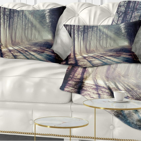 Designart Morning Sunbeams to Forest Road - Landscape Photography Throw Pillow - 12x20