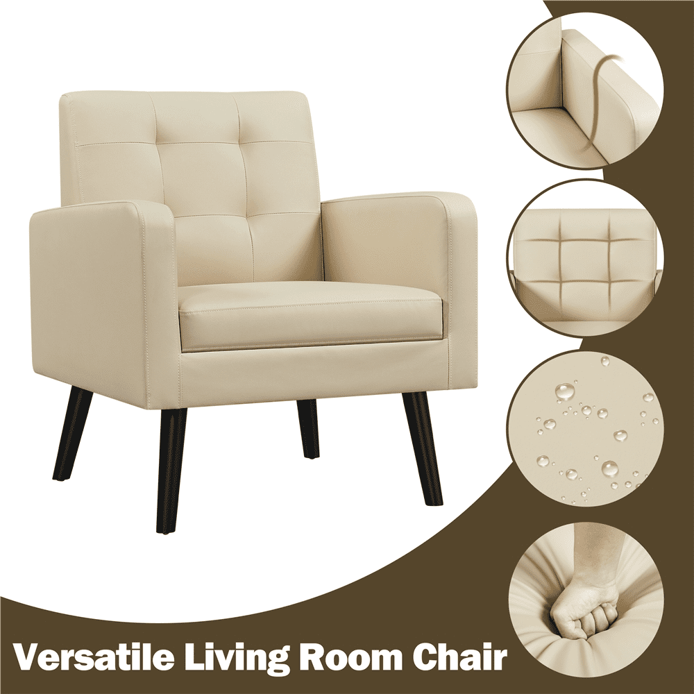 Alden Design Mid Century Faux Leather Tufted Accent Chair for Living Room, Beige