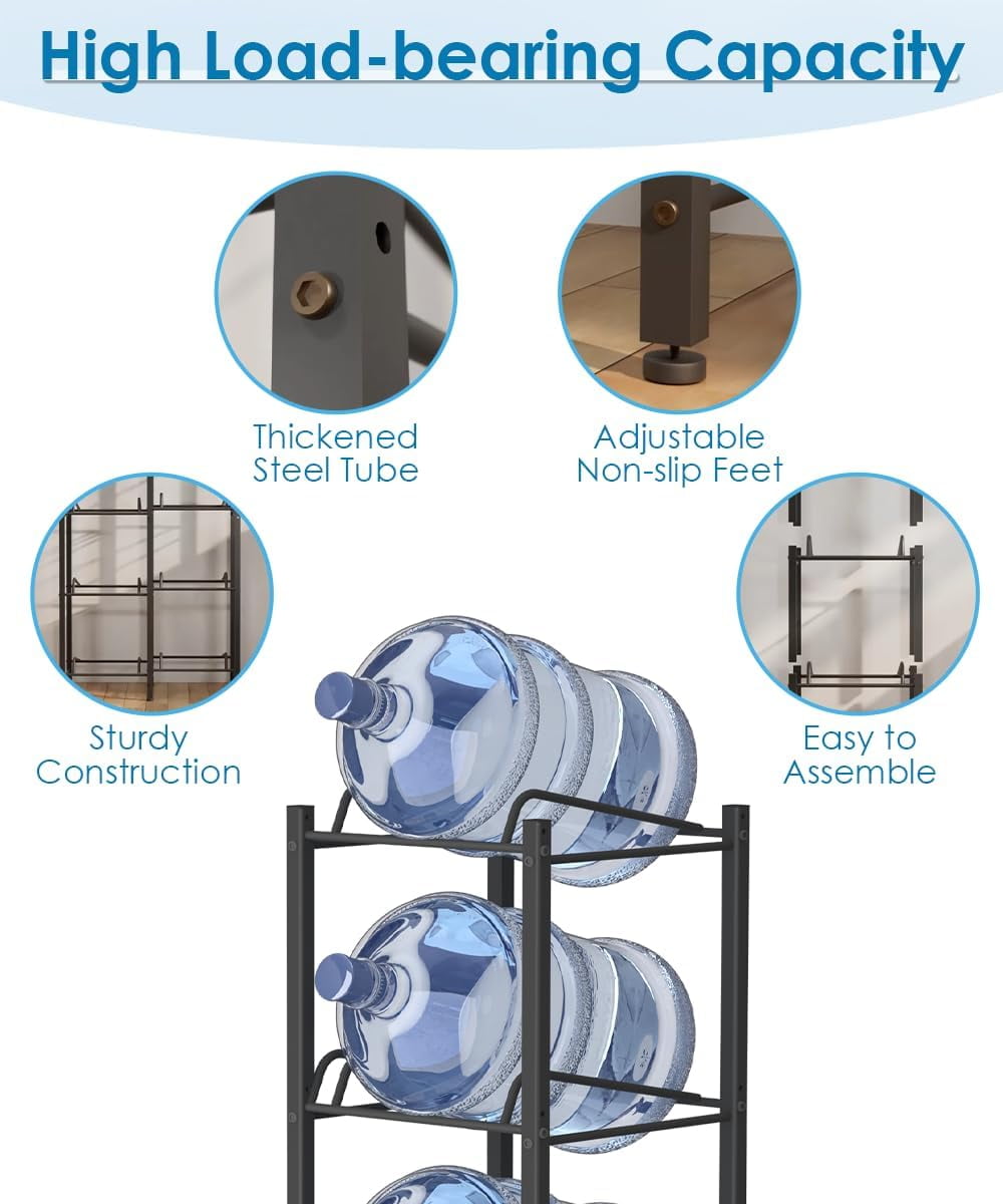 5 Gallon Water Jug Holder, Detachable 3 Tier Water Bottle Holder, Heavy Duty Water Jug Rack with 3 Slots, Water Bottle Storage for Home, Office, Garage, Black