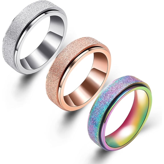 6MM Stainless Steel Anxiety Spinner Band Ring Set Matte Sand Blasted Glitter Finished Rainbow Relief Lucky Worry for Women Men Fidget Jewelry