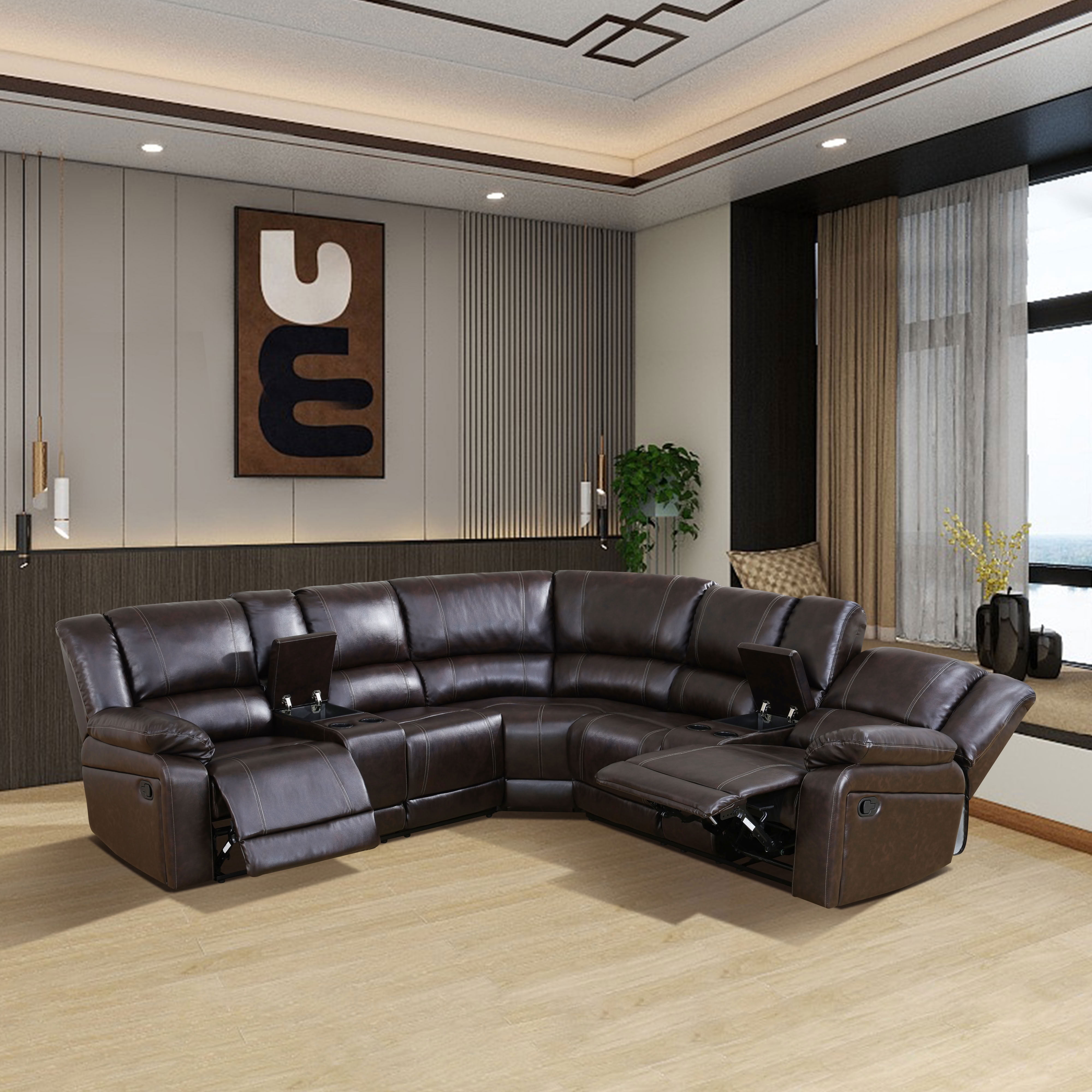 MAYEERTY Oversized Recliner Sectional Sofa, L-Shape Corner Couch with Faux Leather, Cup Holders & Storage for Living Room, Home Theater, Brown