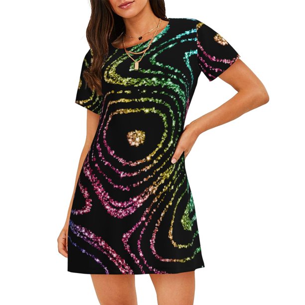 Easygdp Rainbow Glitter Camisón de manga corta para mujer, informal, estampado