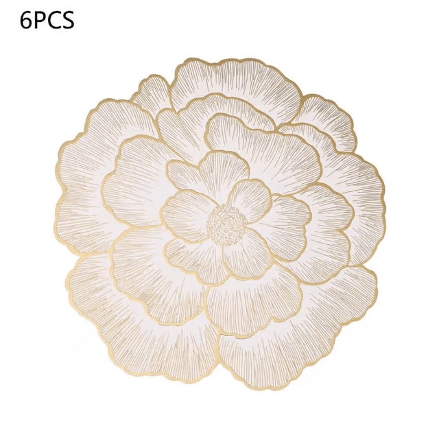 papete decorativo de estilo nórdico peonía, para tapete de estilo occidental, tapete de mesa pvc, 6pcs vista cenital centrada de un salvamanteles con forma de peonía; silueta floral con pétalos superpuestos y borde recortado. Superficie blanca con detalles lineales y contorno dorado en PVC, ideal para mesas, restaurantes y cafeterías.