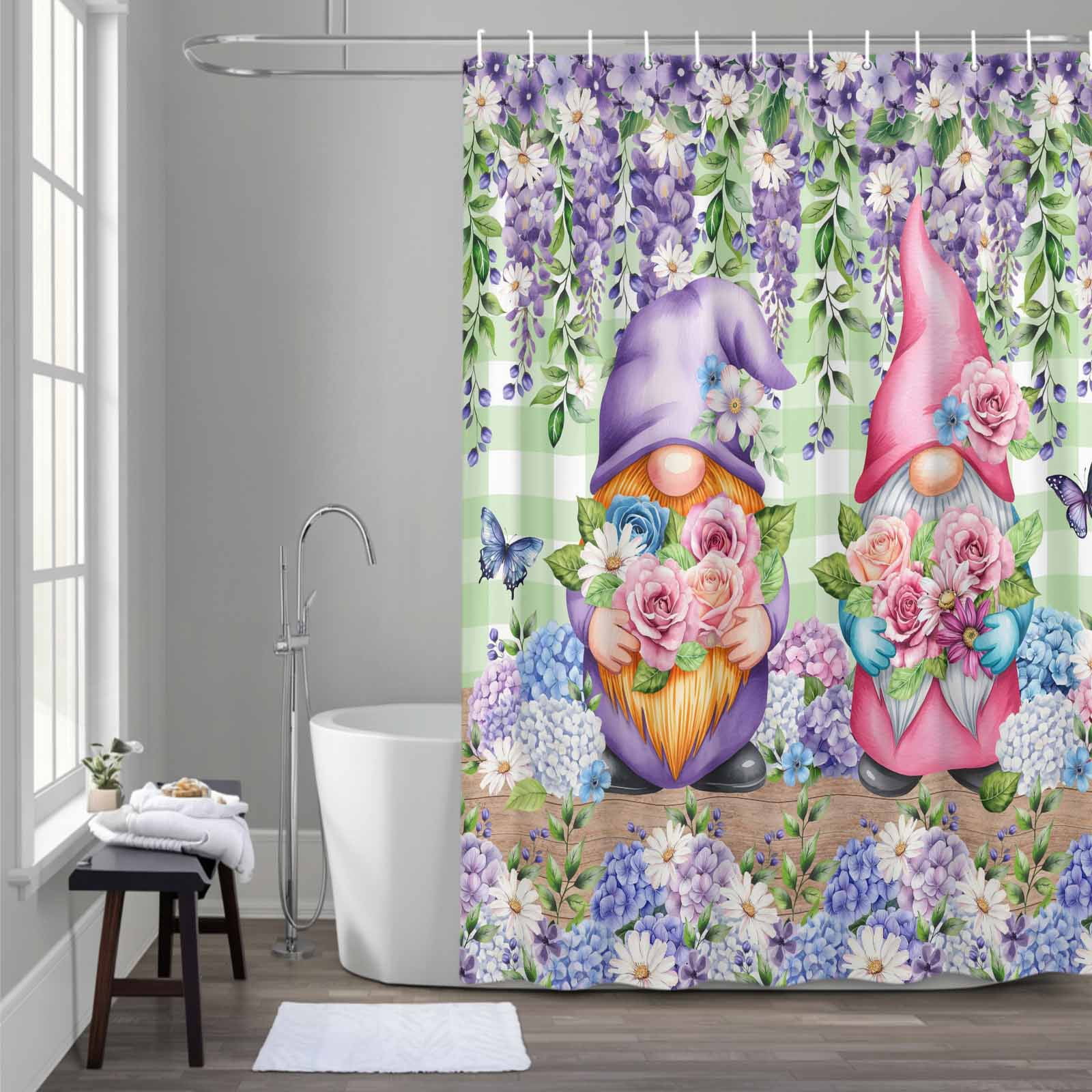 Spring Gnomes Shower Curtain for Bathroom, Watercolor Purple Blue White Floral Leaf Green Plaid Wood Grain Waterproof Cloth Fabric Bathroom Accessories Set with 12 Rust Proof Plastic Hooks, 72"x72"
