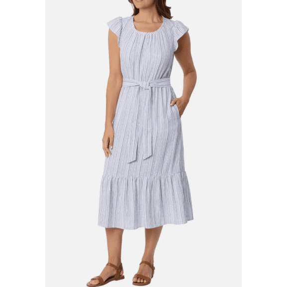 Briggs Women's Linen Blend Tiered Dress Blue Large