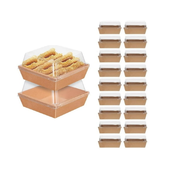 QZS 20Pcs Small Charcuterie Boxes,5.3x4.9x2.4In Treat Paper Boxes with Clear Lids for Cake Slice,Charcuterie Accessories for Chocolate,Strawberry(Brown)