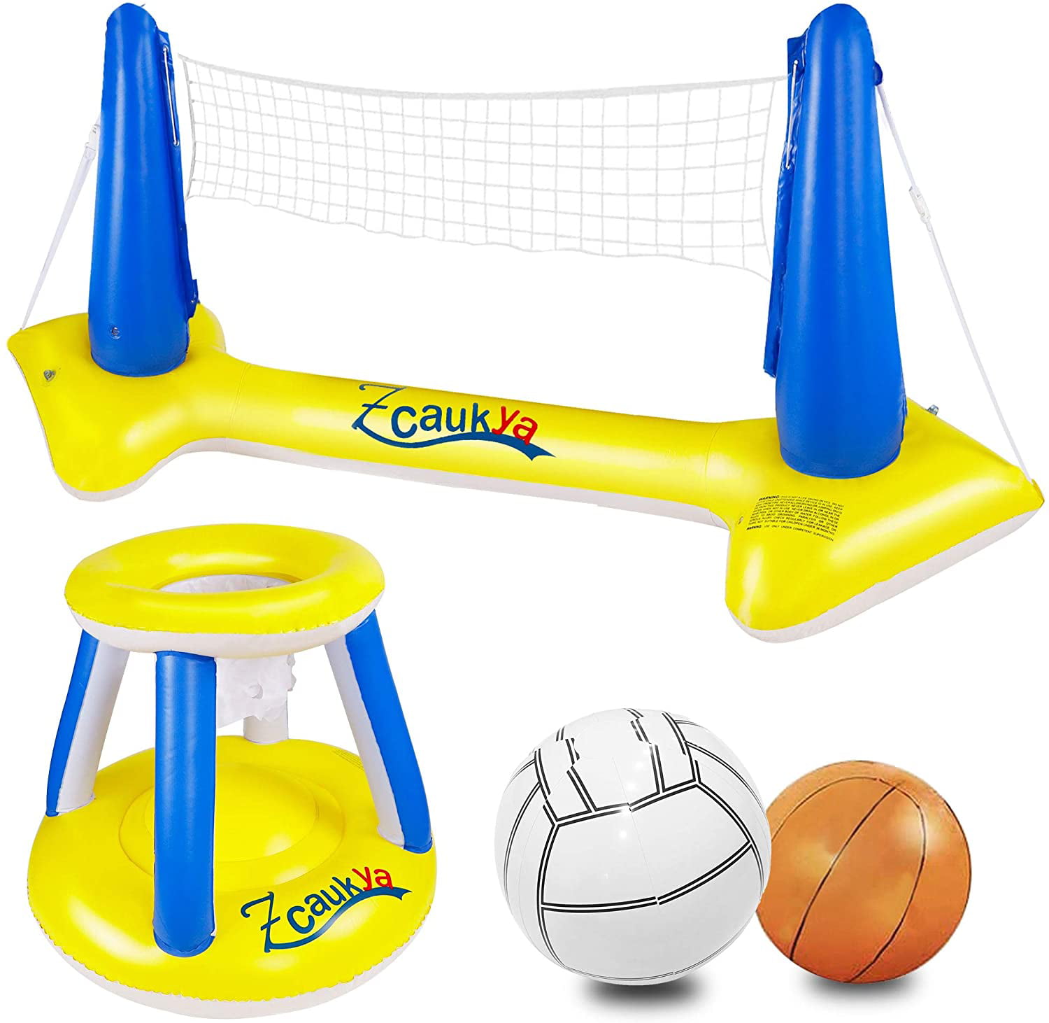 Inflatable Pool Float Set Volleyball Net & Basketball Hoops; Balls Included 
