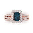 thumbnail image 2 of 1.57 ct Brilliant Emerald Cut Natural London Blue Topaz 18K Rose Gold Halo Solitaire with Accents Engagement Bridal Wedding Ring Band Set size 4.75, 2 of 7