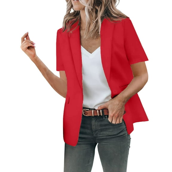 Yindaity Blazer Jackets for Women Open Front Short Sleeve Casual Work Office Blazers (Red,XL)